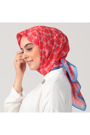 Pamuk İpek Eşarp - Yonca Desen - Kırmızı