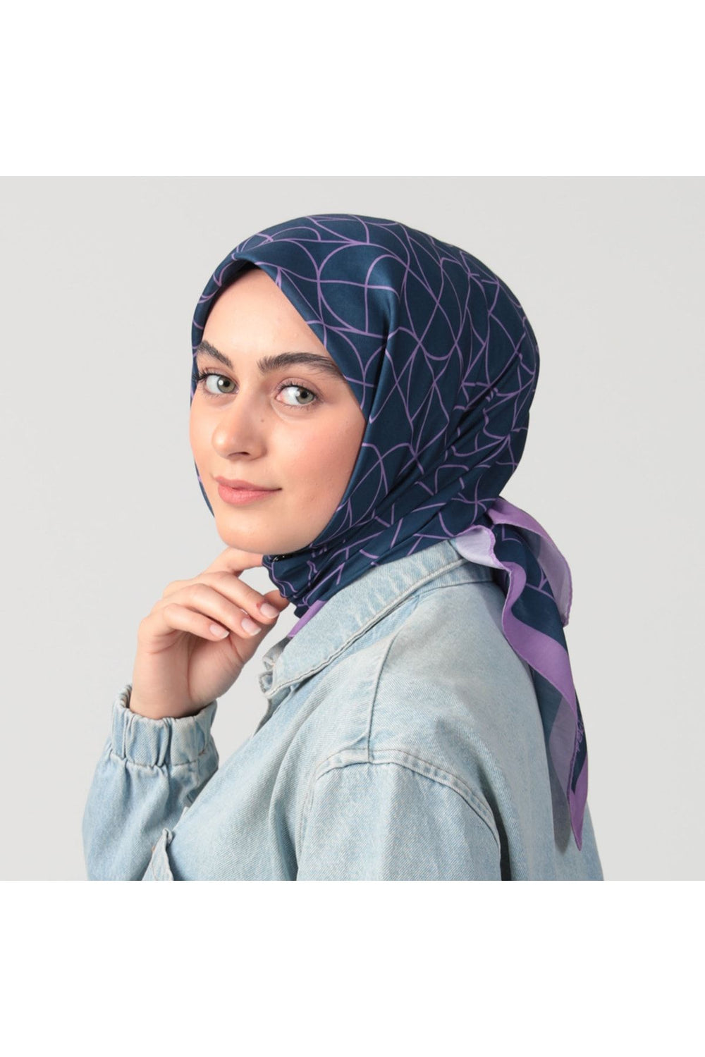Pamuk Ipek Eşarp - Geometrik Desen - Mor