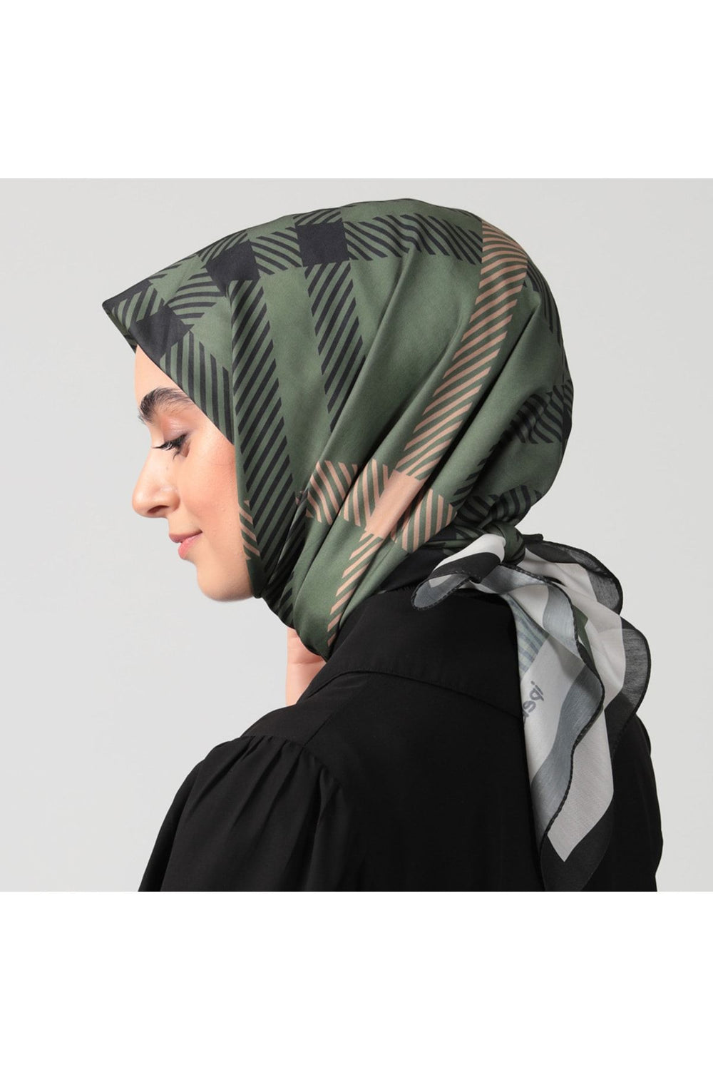 Pamuk İpek Eşarp - Ekose Desen - Haki