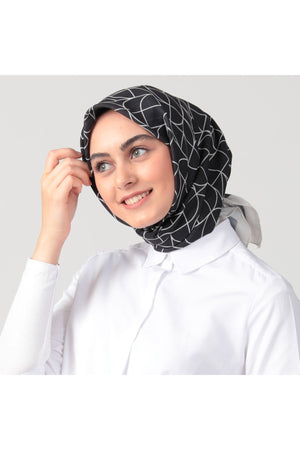 Pamuk İpek Eşarp - Geometrik Desen - Siyah