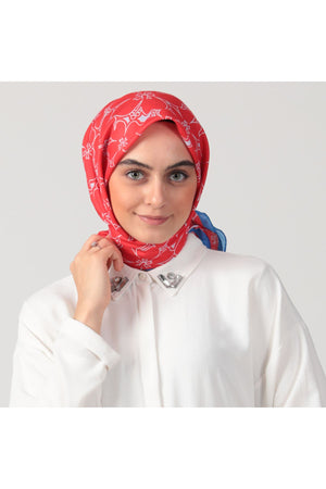 Pamuk İpek Eşarp - Yonca Desen - Kırmızı