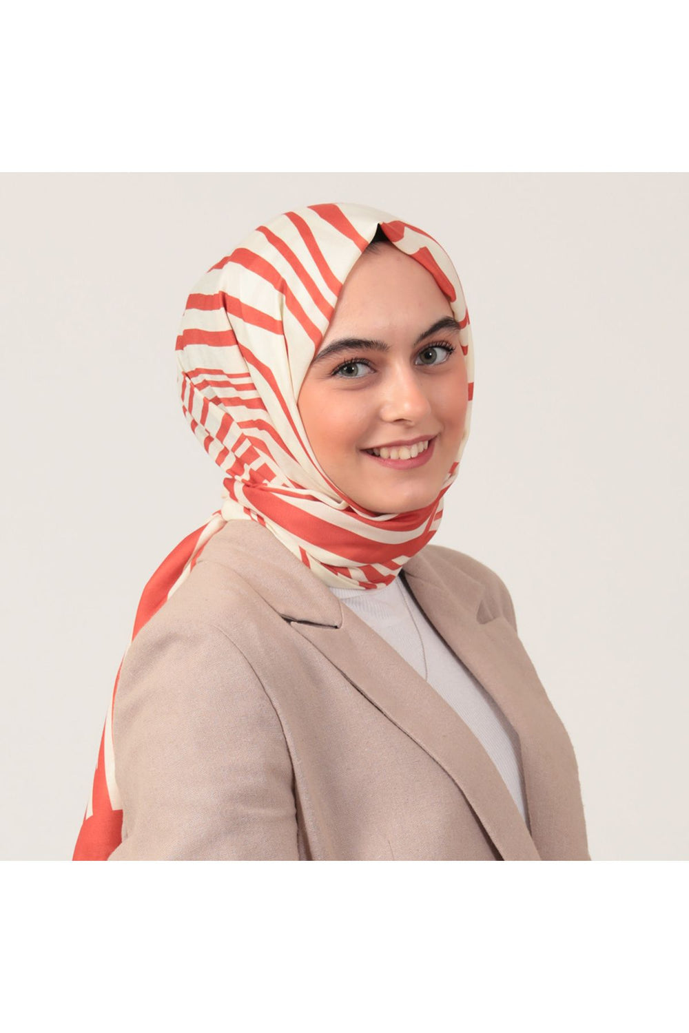 Pamuk İpek Şal - Çizgi Desen - Kiremit