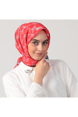 Pamuk İpek Eşarp - Yonca Desen - Kırmızı