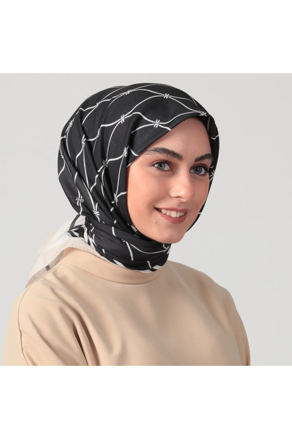 Pamuk Ipek Eşarp - Dalga Desen - Siyah