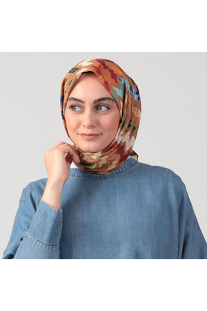 Pamuk İpek Eşarp - Zigzag Desen - Tarçın