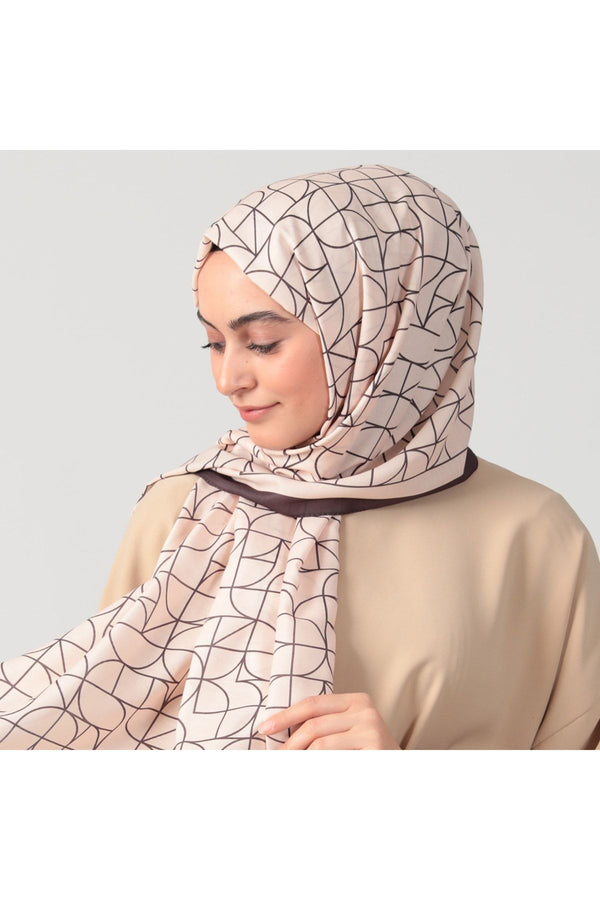 Pamuk Ipek Şal - Geometrik Desen - Acı Kahve