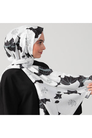 Pamuk İpek Şal - Manolya Desen - Beyaz