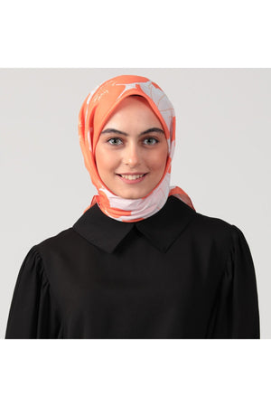 Pamuk İpek Eşarp - Manolya Desen - Ekru Oranj