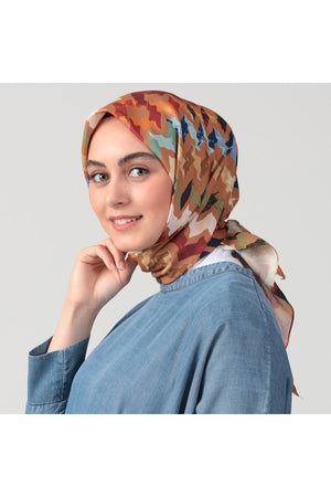 Pamuk İpek Eşarp - Zigzag Desen - Tarçın