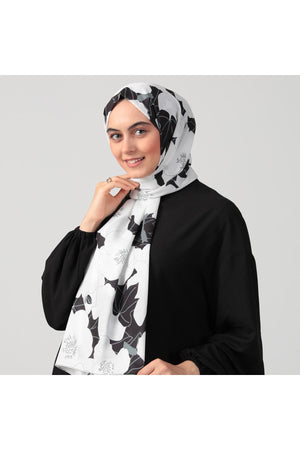 Pamuk İpek Şal - Manolya Desen - Beyaz