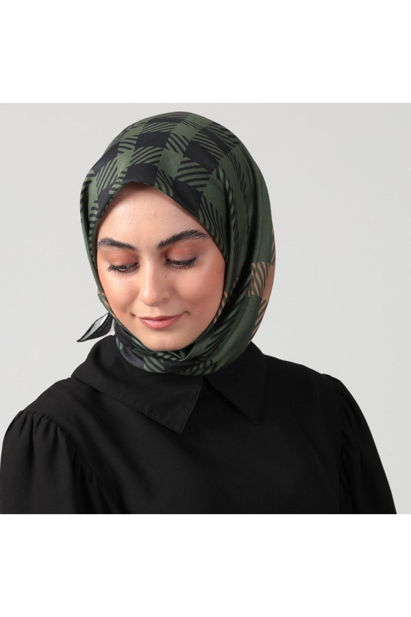 Pamuk İpek Eşarp - Ekose Desen - Haki