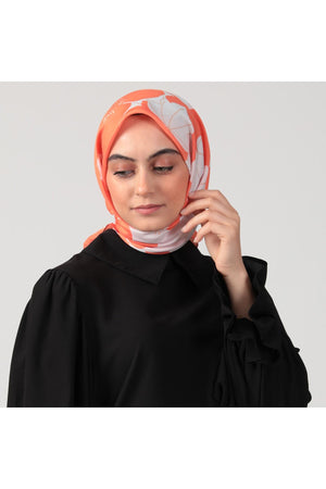 Pamuk İpek Eşarp - Manolya Desen - Ekru Oranj