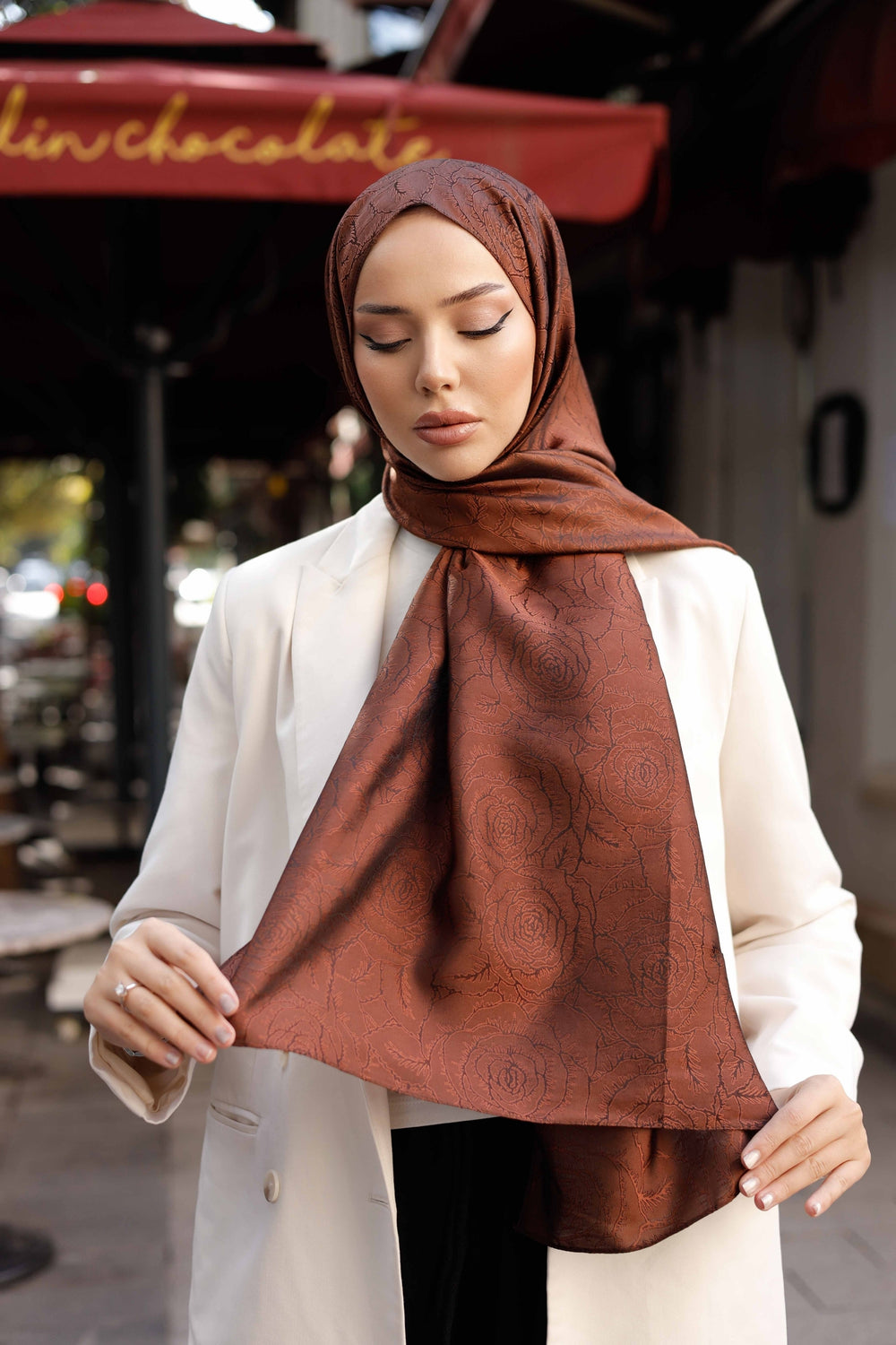 İpeksi Çift Taraflı Jakar Şal - Rose Desen - Bakır