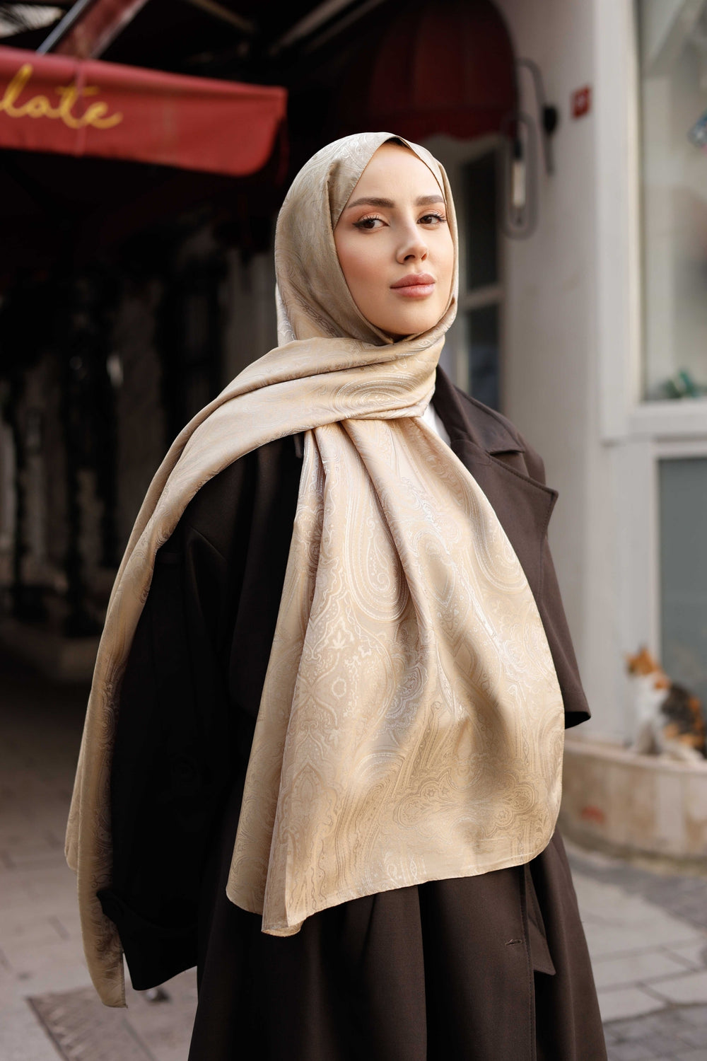 İpeksi Çift Taraflı Jakar Şal - Hint Desen - Sütlü Kahve