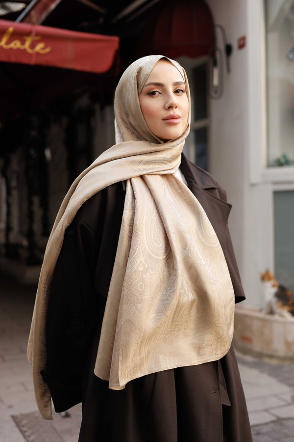 İpeksi Çift Taraflı Jakar Şal - Hint Desen - Sütlü Kahve