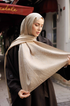 İpeksi Çift Taraflı Jakar Şal - Hint Desen - Sütlü Kahve