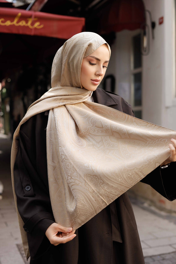 İpeksi Çift Taraflı Jakar Şal - Hint Desen - Sütlü Kahve