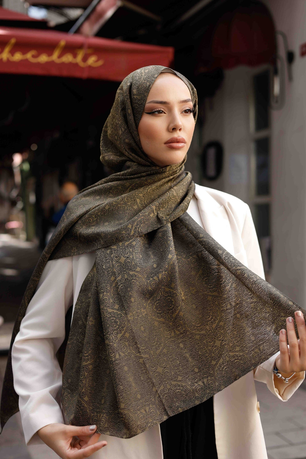 İpeksi Çift Taraflı Jakar Şal - Mandala Desen - Yağ Yeşili