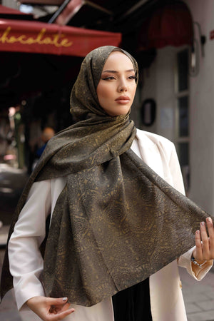 İpeksi Çift Taraflı Jakar Şal - Mandala Desen - Yağ Yeşili