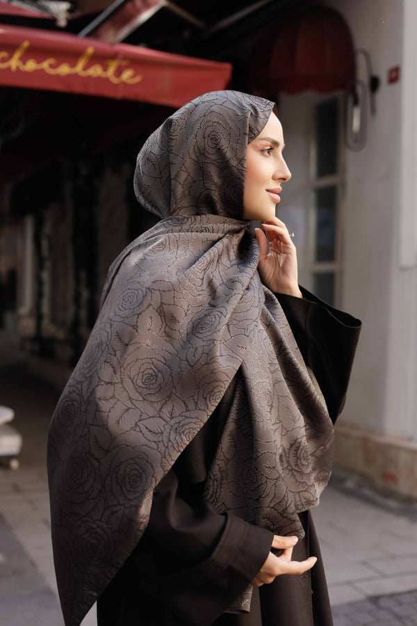 İpeksi Çift Taraflı Jakar Şal - Rose Desen - Koyu Füme