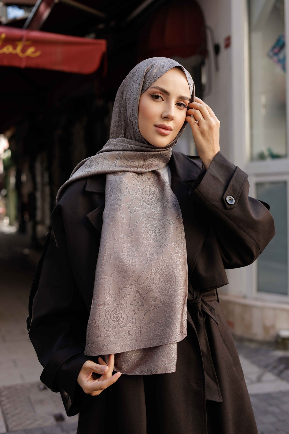 İpeksi Çift Taraflı Jakar Şal - Rose Desen - Vizon