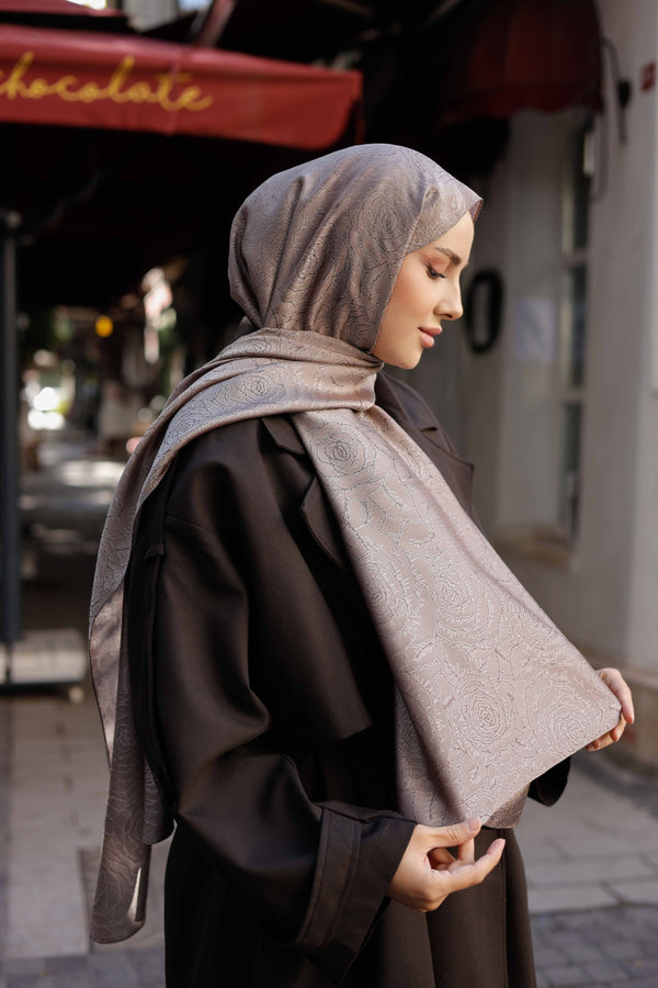 İpeksi Çift Taraflı Jakar Şal - Rose Desen - Vizon