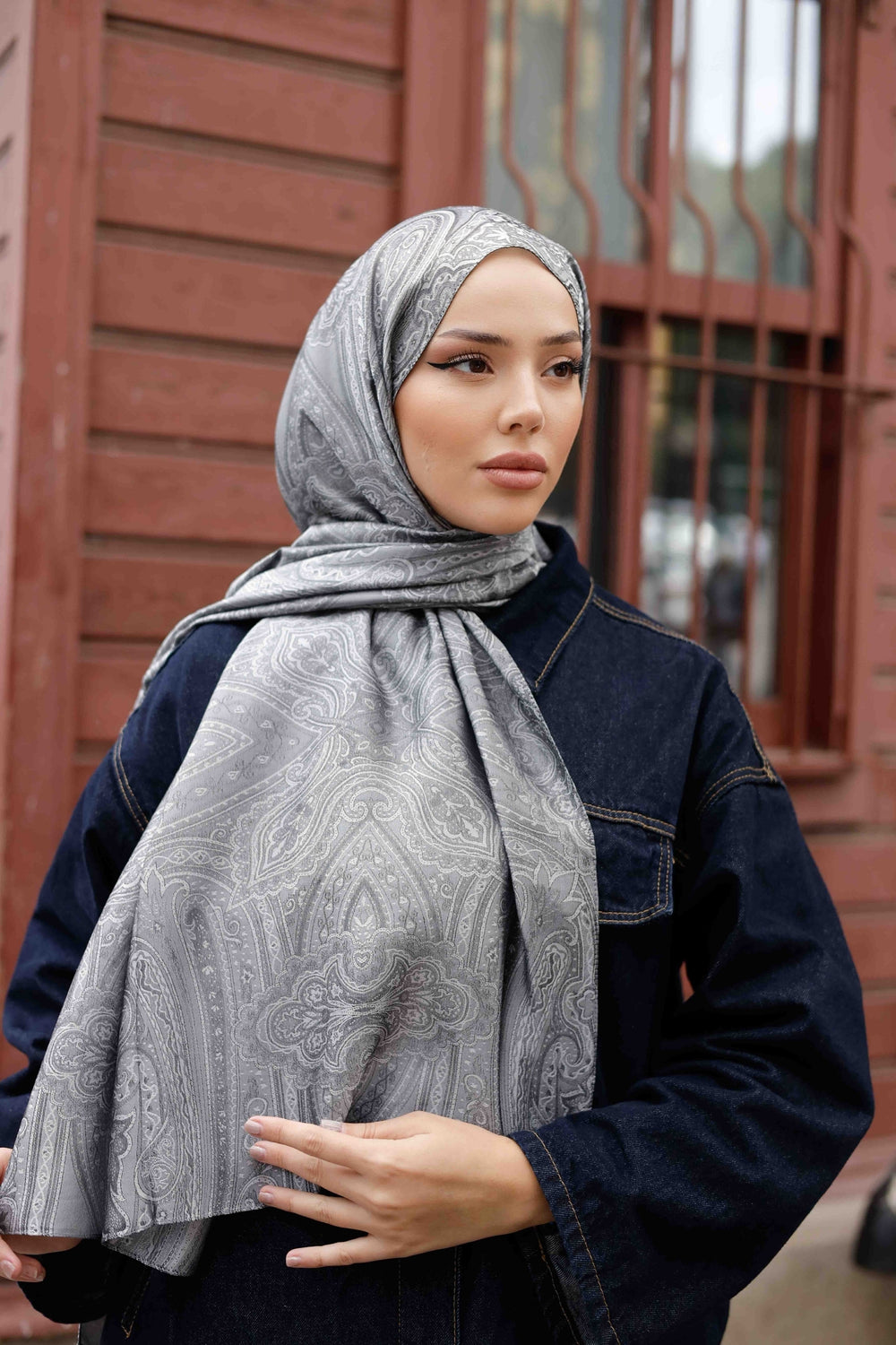 İpeksi Çift Taraflı Jakar Şal - Hint - Gri