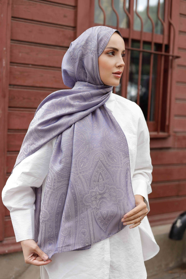 İpeksi Çift Taraflı Jakar Şal - Hint Desen - Lavanta