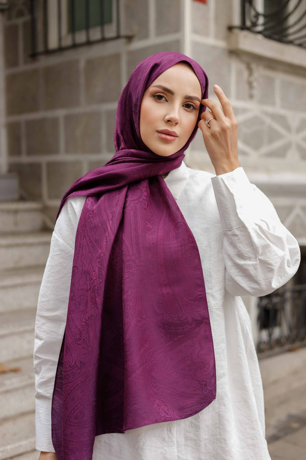 İpeksi Çift Taraflı Jakar Şal - Hint Desen - Mürdüm