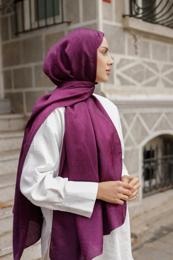 İpeksi Çift Taraflı Jakar Şal - Hint Desen - Mürdüm