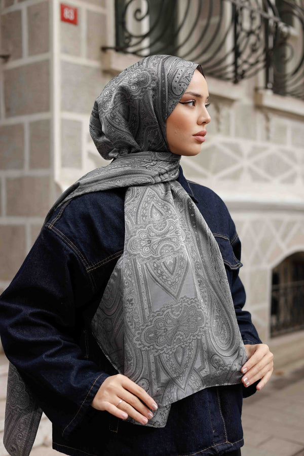 İpeksi Çift Taraflı Jakar Şal - Hint - Füme