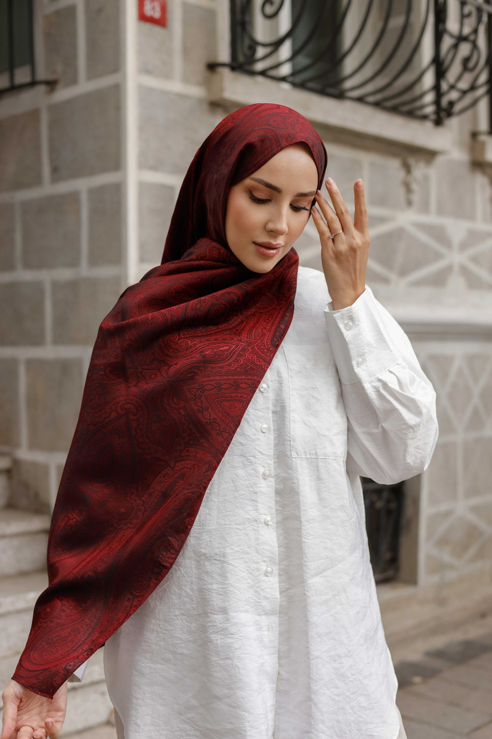 İpeksi Çift Taraflı Jakar Şal - Hint - Bordo