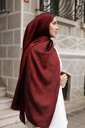 İpeksi Çift Taraflı Jakar Şal - Hint - Bordo