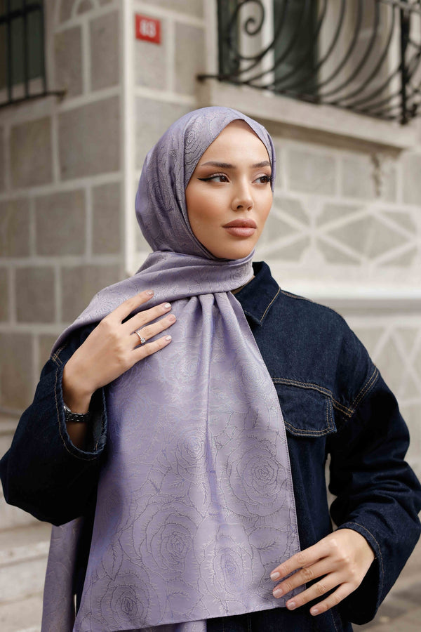 İpeksi Çift Taraflı Jakar Şal - Rose Desen - Lavanta