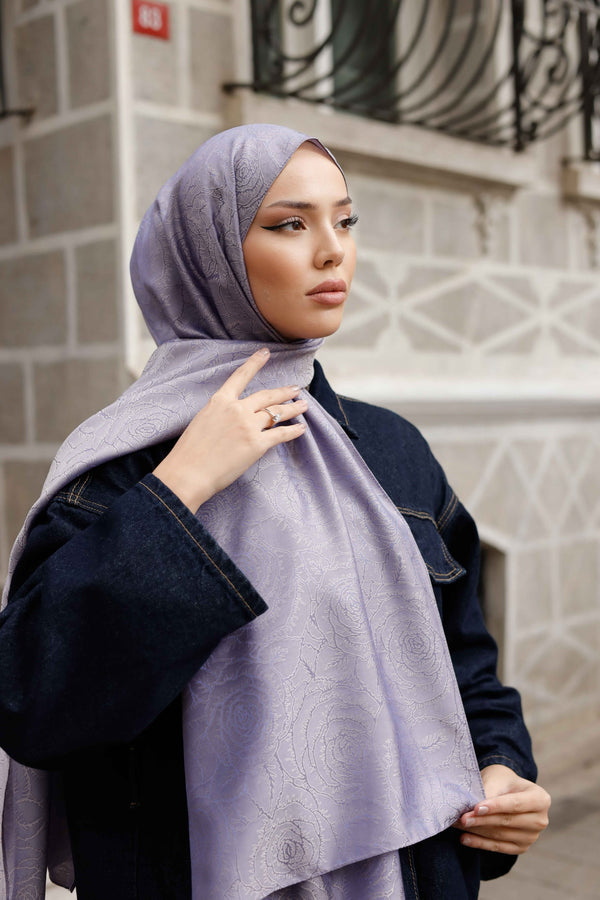 İpeksi Çift Taraflı Jakar Şal - Rose Desen - Lavanta