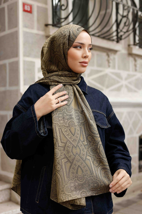 İpeksi Çift Taraflı Jakar Şal - Hint - Yağ Yeşili