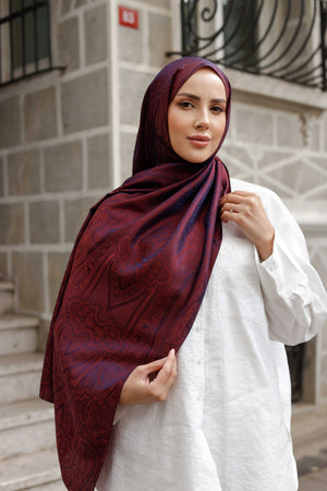 İpeksi Çift Taraflı Jakar Şal - Hint  - Vişne