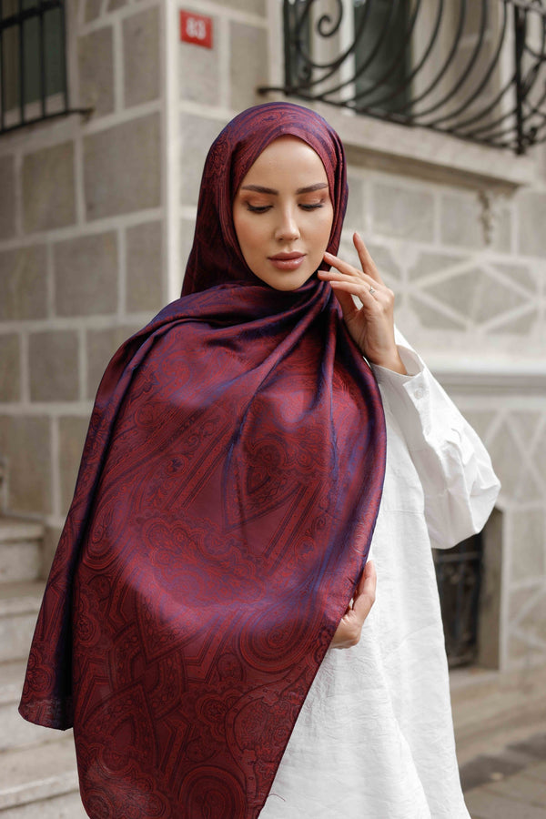 İpeksi Çift Taraflı Jakar Şal - Hint  - Vişne