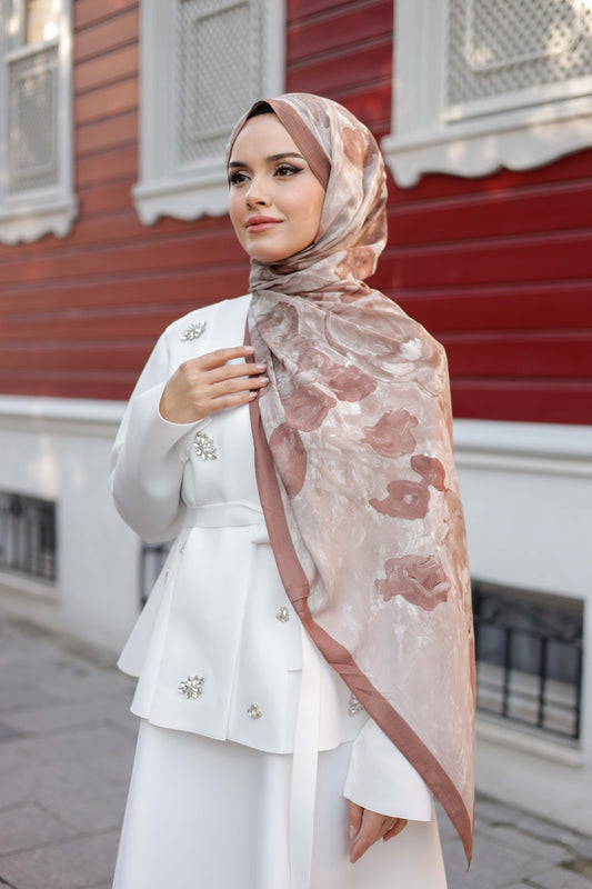 %100 Organik Pamuk Şal - Ebruli Desen - Soğan Kabuğu
