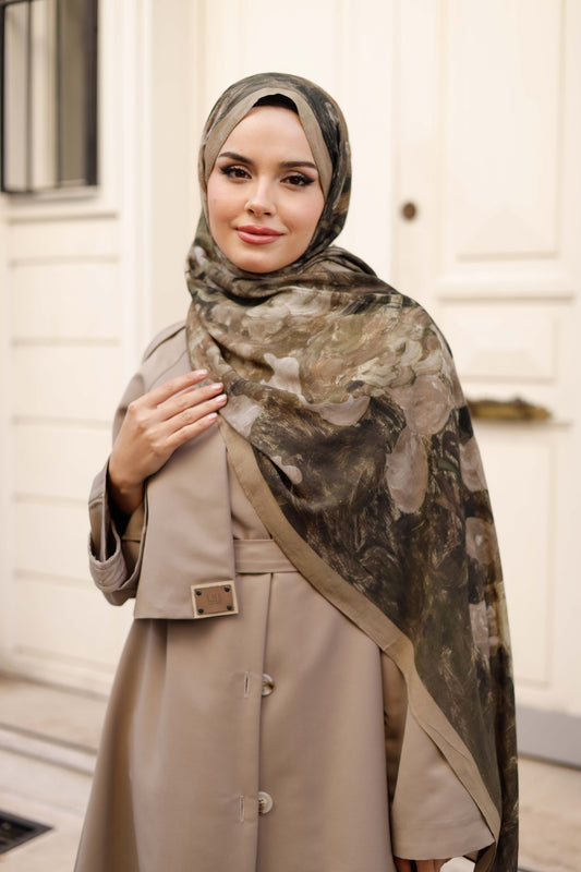 %100 Organik Pamuk Şal - Ebruli Desen - Haki Yeşili