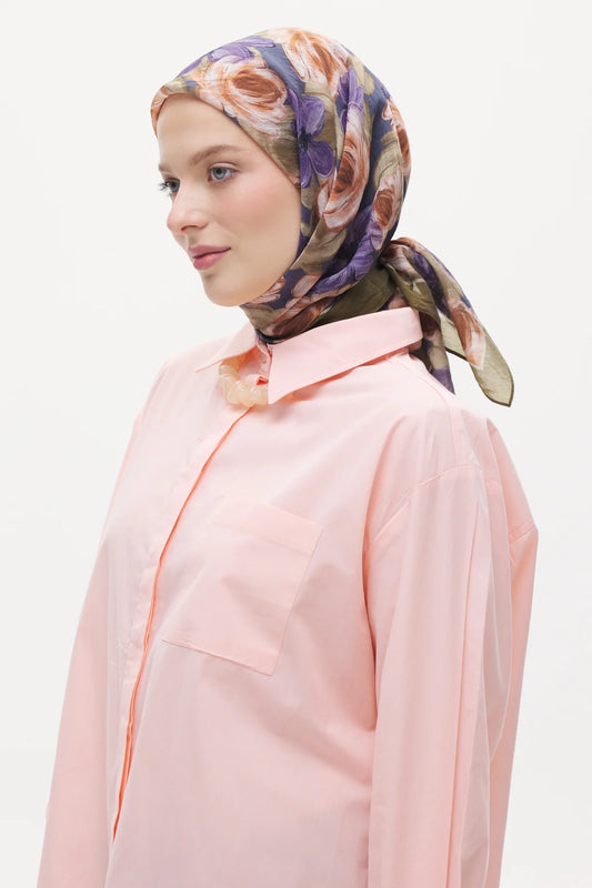Tensel Eşarp - Pastel Çiçek Desen - Yağ Yeşili