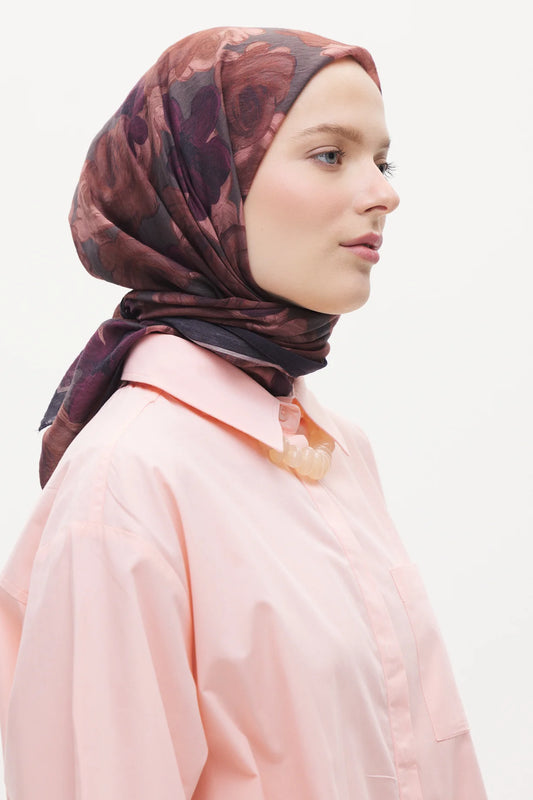 Tensel Eşarp - Pastel Çiçek Desen - Koyu Mürdüm