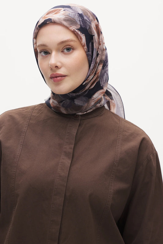 Tensel Eşarp - Pastel Çiçek Desen - Gri