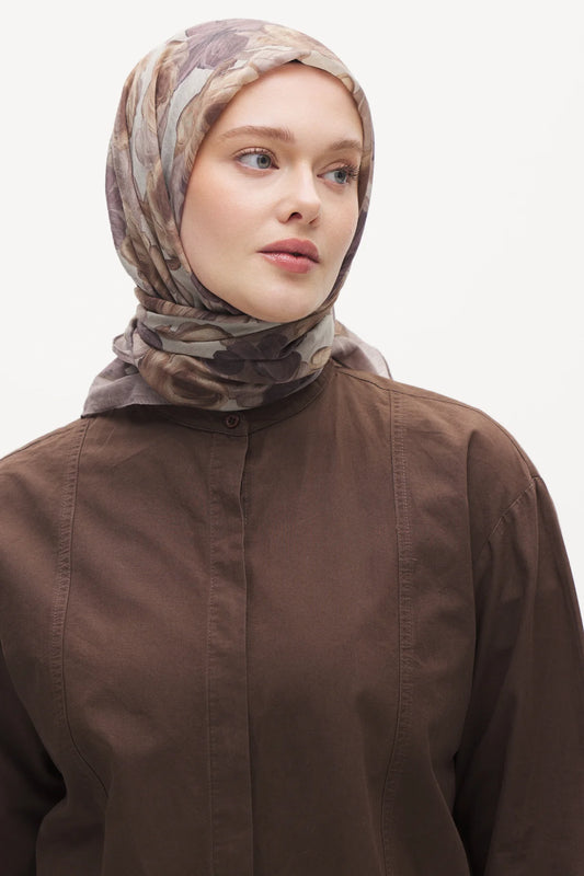 Tensel Eşarp - Pastel Çiçek Desen - Vizon