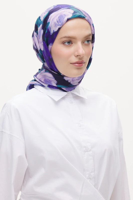 Tensel Eşarp - Pastel Çiçek Desen - Saks Mavisi
