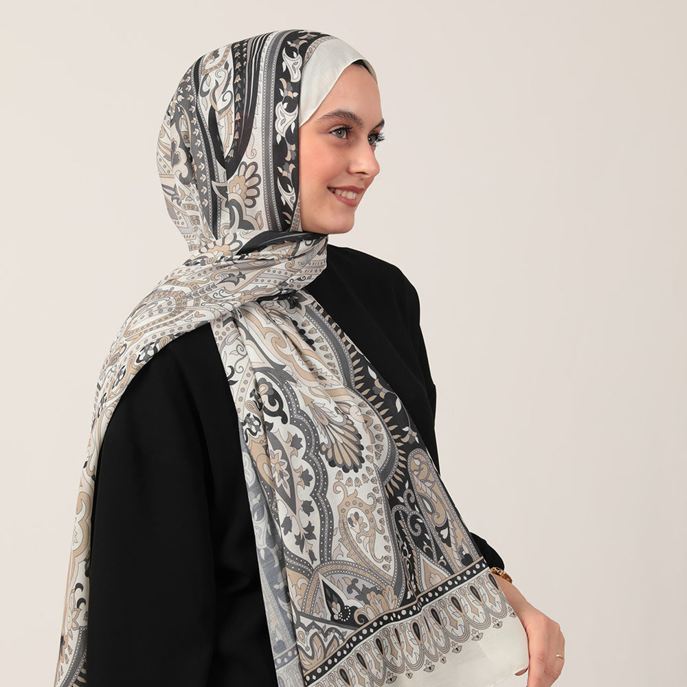 Pamuk İpek Şal - Barok Desen - Ekru