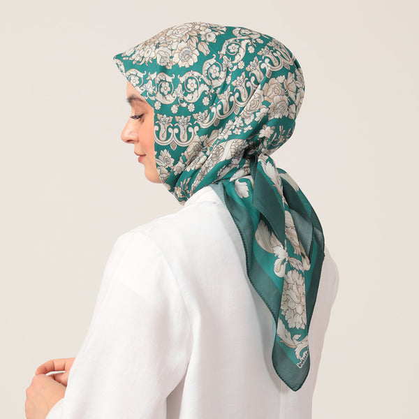 Pamuk İpek Eşarp - Dönence Desen - Zümrüt Yeşili