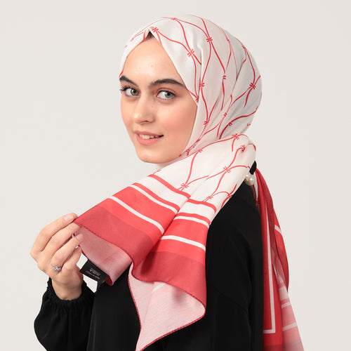 Pamuk İpek Şal - Dalga Desen - Kırmızı Beyaz