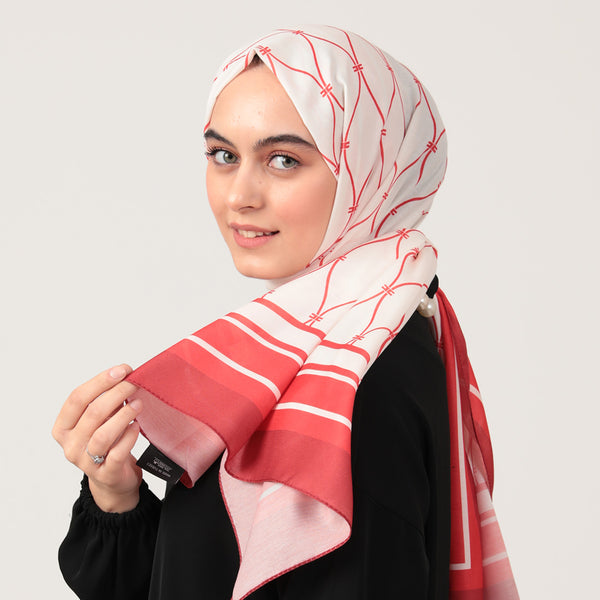 Pamuk İpek Şal - Dalga Desen - Kırmızı Beyaz