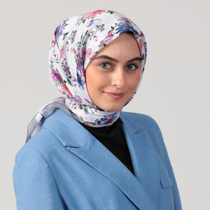 Pamuk İpek Eşarp - Hibiskus Desen - Gri